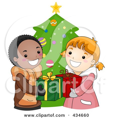 Royalty-Free (RF) Clipart Illustration of a Christmas Boy And Girl Exchanging Gifts by BNP Design Studio