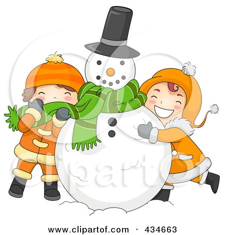 Royalty-Free (RF) Clipart Illustration of a Boy And Girl Hugging A Snowman by BNP Design Studio