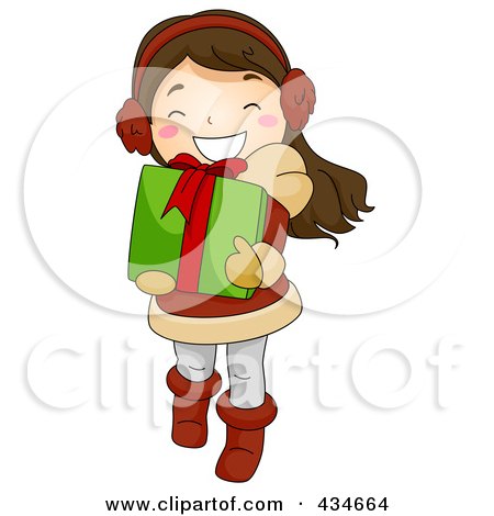 Royalty-Free (RF) Clipart Illustration of a Happy Christmas Girl Carrying A Gift by BNP Design Studio