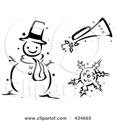Royalty-Free (RF) Clipart Illustration of a Digital Collage Of A Black And White Stenciled Christmas Snowman, Snowflake And Horn by BNP Design Studio
