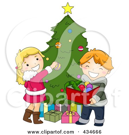 Royalty-Free (RF) Clipart Illustration of Christmas Kids Decorating A Christmas Tree by BNP Design Studio