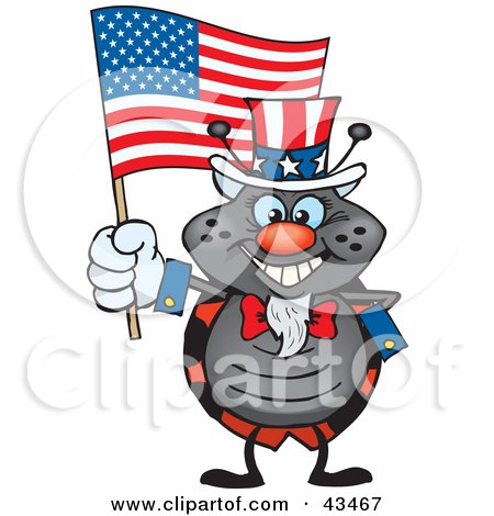 Clipart Illustration of a Patriotic Uncle Sam Beetle Waving An American Flag On Independence Day by Dennis Holmes Designs