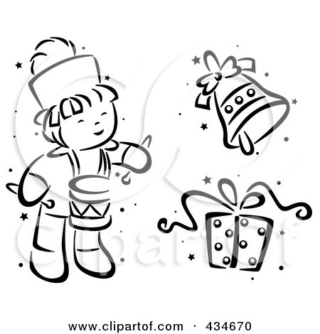 Royalty-Free (RF) Clipart Illustration of a Digital Collage Of A Black And White Stenciled Christmas Drummer, Bell And Gift by BNP Design Studio