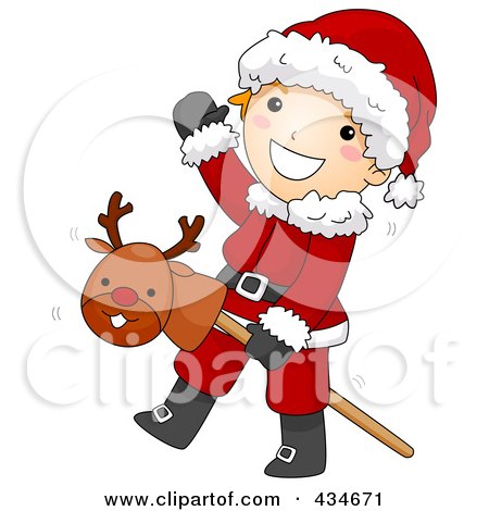 Royalty-Free (RF) Clipart Illustration of a Christmas Boy In A Santa Suit, Playing With A Stick Pony by BNP Design Studio