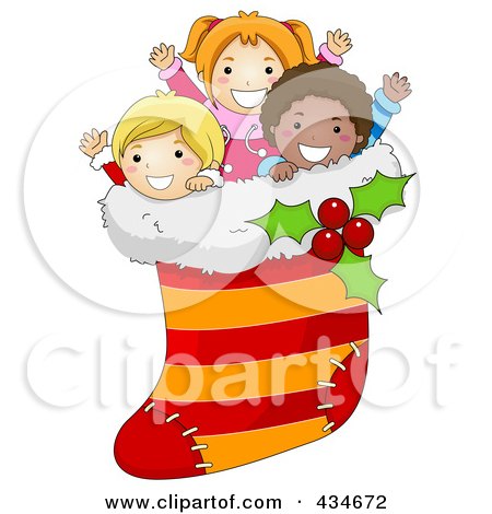 Royalty-Free (RF) Clipart Illustration of Diverse Christmas Kids In A Stocking by BNP Design Studio