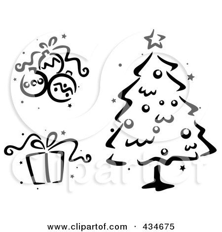 Royalty-Free (RF) Clipart Illustration of a Digital Collage Of A Black And White Stenciled Christmas Baubles, Gift And Christmas Tree by BNP Design Studio