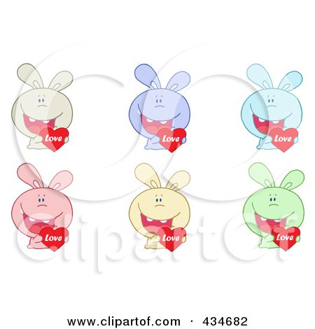 Royalty-Free (RF) Clipart Illustration of a Digital Collage Of Colorful Rabbits Holding Love Hearts by Hit Toon