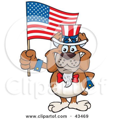 Clipart Illustration of a Patriotic Uncle Sam Bulldog Waving An American Flag On Independence Day by Dennis Holmes Designs