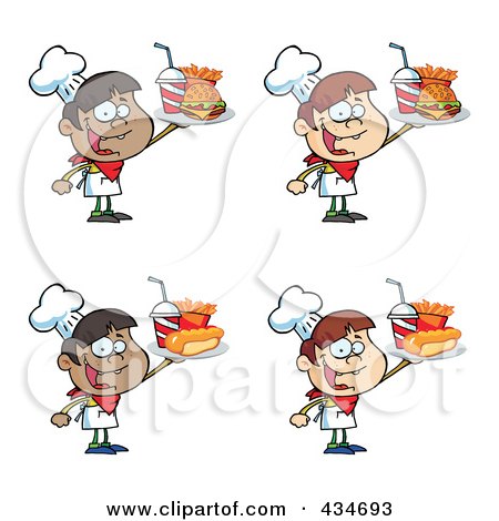 Royalty-Free (RF) Clipart Illustration of a Digital Collage Of Boys Serving Fast Food by Hit Toon