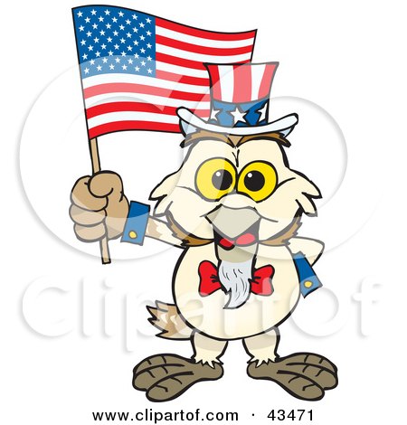 Clipart Illustration of a Patriotic Uncle Sam Barn Owl Waving An American Flag On Independence Day by Dennis Holmes Designs