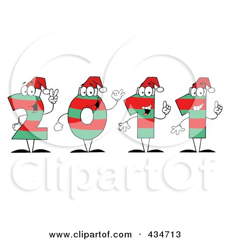 Royalty-Free (RF) Clipart Illustration of Green And Red 2011 New Year Characters Wearing Santa Hats by Hit Toon