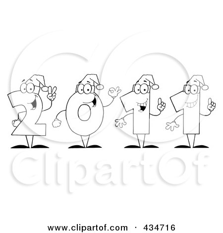 Royalty-Free (RF) Clipart Illustration of Outlined 2011 New Year Characters Wearing Santa Hats by Hit Toon
