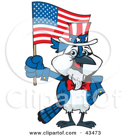 Clipart Illustration of a Patriotic Uncle Sam Blue Jay Waving An American Flag On Independence Day by Dennis Holmes Designs