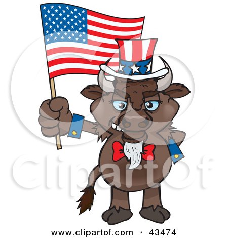 Clipart Illustration of a Patriotic Uncle Sam Bison Waving An American Flag On Independence Day by Dennis Holmes Designs