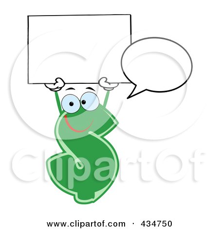 Royalty-Free (RF) Clipart Illustration of a Dollar Currency Character With A Word Balloon And Blank Sign by Hit Toon