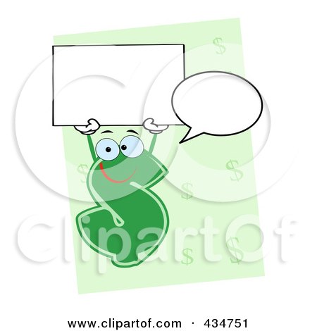 Royalty-Free (RF) Clipart Illustration of a Dollar Currency Character With A Word Balloon And Blank Sign Over Green by Hit Toon