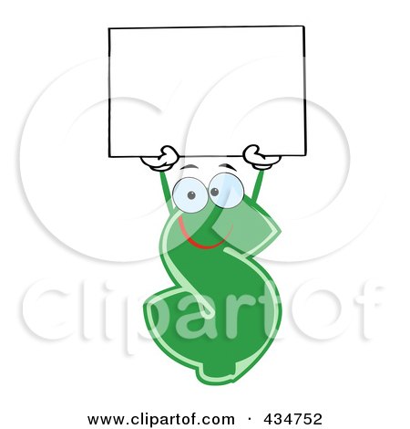 Royalty-Free (RF) Clipart Illustration of a Dollar Currency Character Holding Up A Blank Sign by Hit Toon