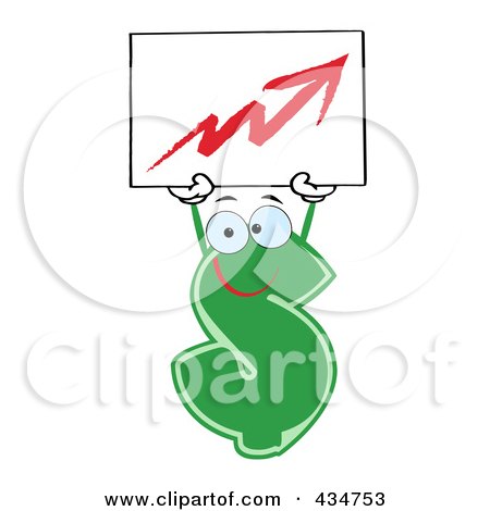 Royalty-Free (RF) Clipart Illustration of a Dollar Currency Character Holding An Arrow Sign by Hit Toon