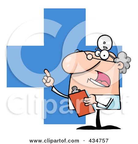 Royalty-Free (RF) Clipart Illustration of a Doctor Speaking Over A Blue Cross by Hit Toon