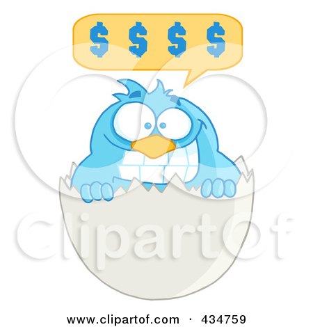 Royalty-Free (RF) Clipart Illustration of a Blue Bird In An Egg Shell With A Dollar Word Balloon by Hit Toon