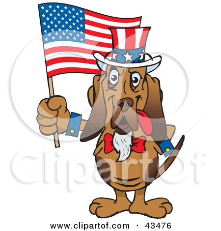 Clipart Illustration of a Patriotic Uncle Sam Bloodhound Waving An American Flag On Independence Day by Dennis Holmes Designs