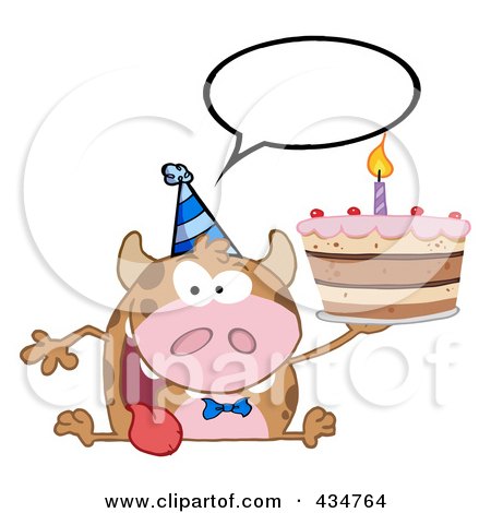 Royalty-Free (RF) Clipart Illustration of a Happy Cow Holding A Birthday Cake - 2 by Hit Toon
