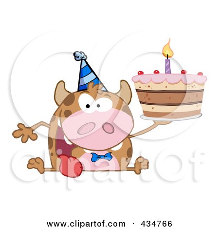 Royalty-Free (RF) Clipart Illustration of a Happy Cow Holding A Birthday Cake - 1 by Hit Toon
