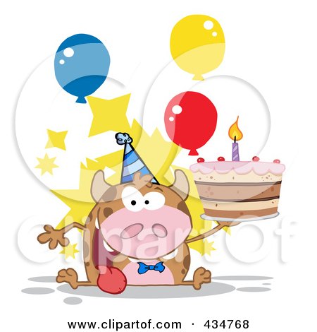Royalty-Free (RF) Clipart Illustration of a Happy Cow Holding A Birthday Cake - 3 by Hit Toon