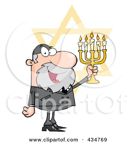 Royalty-Free (RF) Clipart Illustration of a Rabbi Man Holding Up A Menorah, With The Star Of David by Hit Toon