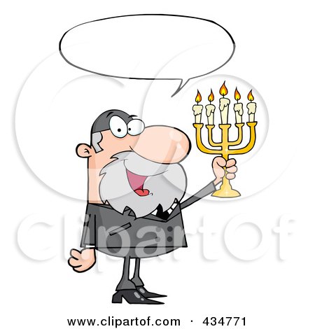 Royalty-Free (RF) Clipart Illustration of a Rabbi Man Holding Up A Menorah, With A Word Balloon by Hit Toon