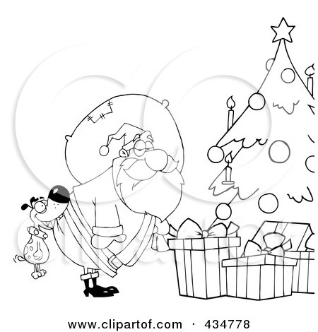 Royalty-Free (RF) Clipart Illustration of an Outlined Dog Biting Santas Butt By A Christmas Tree by Hit Toon