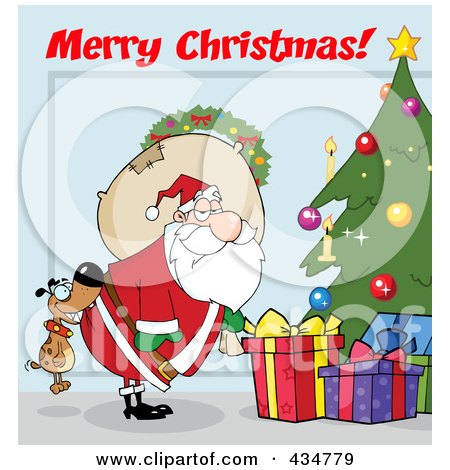 Royalty-Free (RF) Clipart Illustration of Merry Christmas Text Over A Dog Biting Santas Butt By A Christmas Tree by Hit Toon