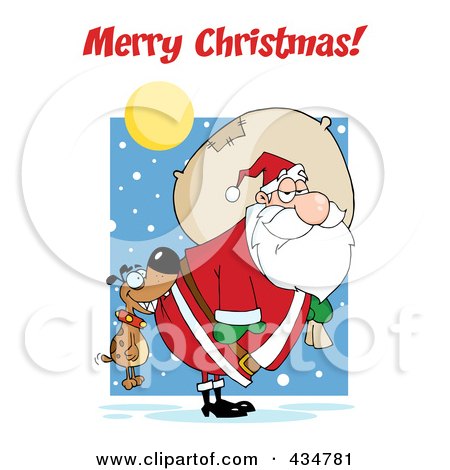 Royalty-Free (RF) Clipart Illustration of Merry Christmas Text Over A Dog Biting Santas Butt by Hit Toon