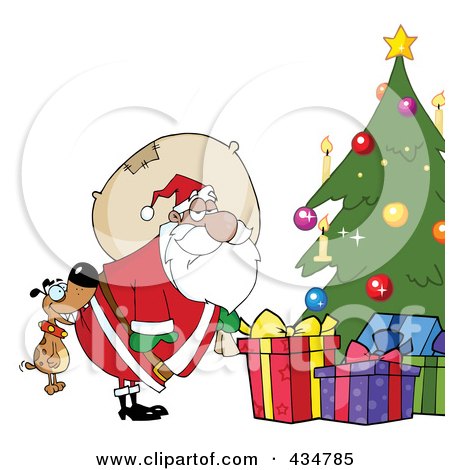 Royalty-Free (RF) Clipart Illustration of a Dog Biting A Black Santas Butt By A Christmas Tree by Hit Toon
