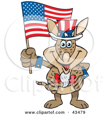 Clipart Illustration of a Patriotic Uncle Sam Armadillo Waving An American Flag On Independence Day by Dennis Holmes Designs