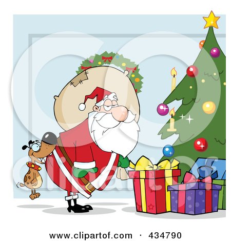 Royalty-Free (RF) Clipart Illustration of a Dog Biting Santas Butt By A Christmas Tree Over Blue by Hit Toon