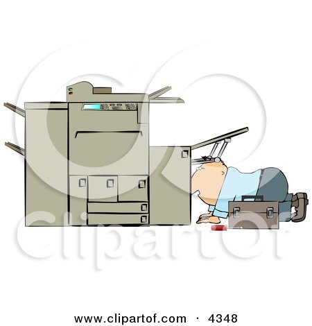 Repairman Trying To Fix a Broken Copy Machine Clipart by djart