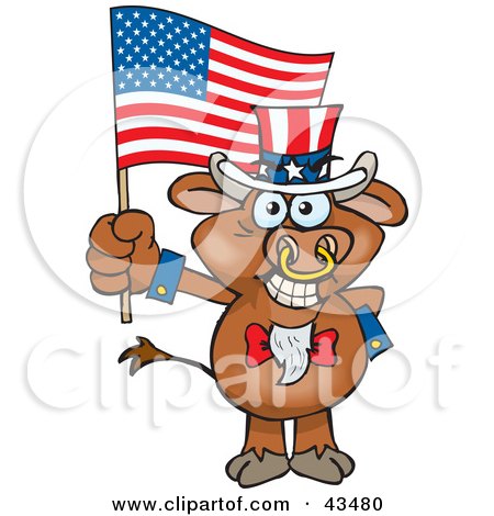 Clipart Illustration of a Patriotic Uncle Sam Bull Waving An American Flag On Independence Day by Dennis Holmes Designs