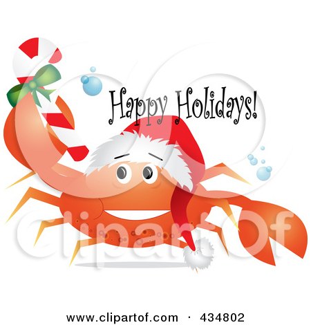 Royalty-Free (RF) Clipart Illustration of a Festive Crab Wearing A Santa Hat And Holding A Christmas Candy Cane, With Happy Holidays Text by Pams Clipart