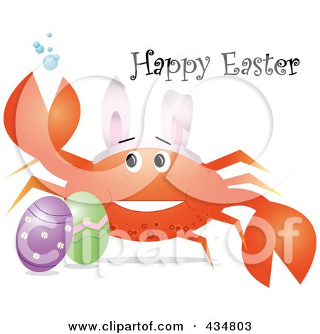 Royalty-Free (RF) Clipart Illustration of a Festive Crab Wearing Bunny Ears By Easter Eggs, With Happy Easter Text by Pams Clipart