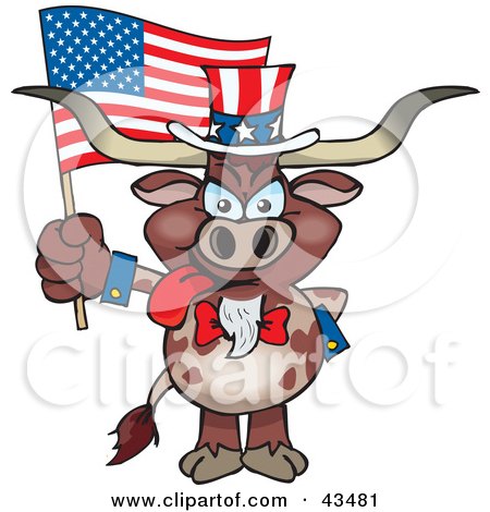 Clipart Illustration of a Patriotic Uncle Sam Steer Waving An American Flag On Independence Day by Dennis Holmes Designs