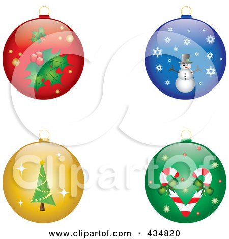 Royalty-Free (RF) Clipart Illustration of a Digital Collage Of Shiny Holly, Snowman, Christmas And Candy Cane Christmas Baubles by Pams Clipart