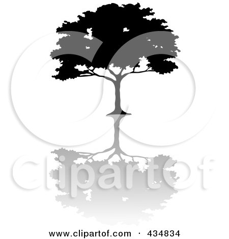 Royalty-Free (RF) Clipart Illustration of a Black Silhouetted African Umbrella Thorn Tree With A Shadow by Pams Clipart