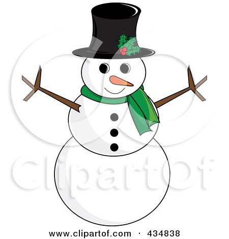 Royalty-Free (RF) Clipart Illustration of a Happy Snowman With A Top Hat And Green Scarf by Pams Clipart