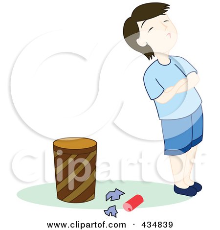 Royalty-Free (RF) Clipart Illustration of a Stubborn Boy Standing By Garbage On The Floor By A Trash Can by Cherie Reve