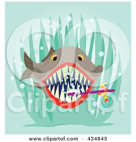 Royalty-Free (RF) Clipart Illustration of a Cleaner Fish Brushing A Bigger Fish's Teeth by Cherie Reve