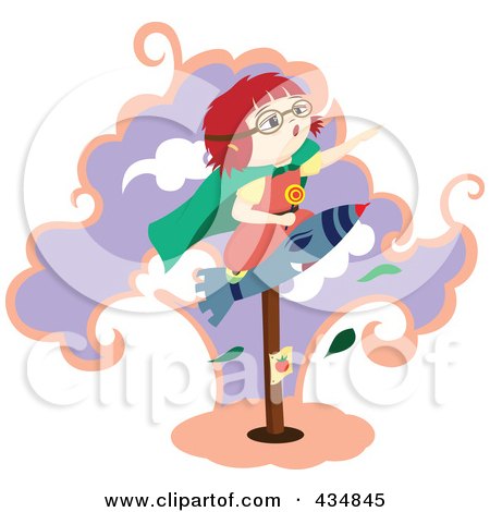 Royalty-Free (RF) Clipart Illustration of a Girl Pretending To Be A Super Hero, Riding On A Rocket On A Post by Cherie Reve