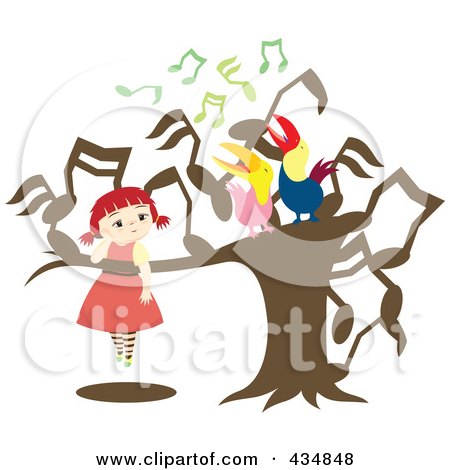 Royalty-Free (RF) Clipart Illustration of a Girl Watching Two Singing Birds In A Music Note Tree by Cherie Reve