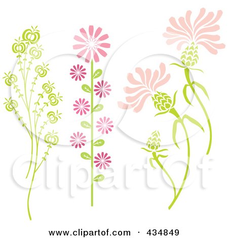 Royalty-Free (RF) Clipart Illustration of a Digital Collage Of Three Stalks Of Pink And Green Plants And Flowers by Cherie Reve