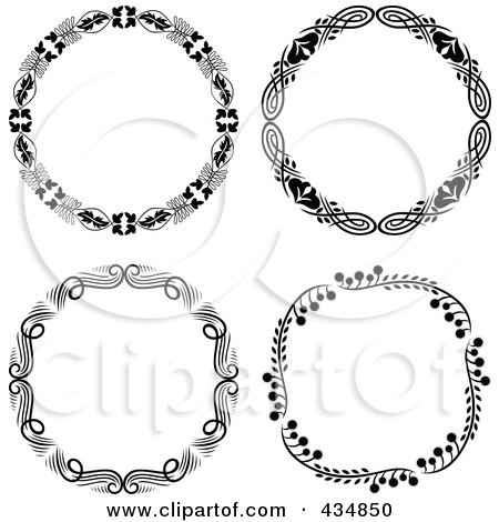 Royalty-Free (RF) Clipart Illustration of a Digital Collage Of Decorative Black And White Floral Monogram Wreaths by Cherie Reve